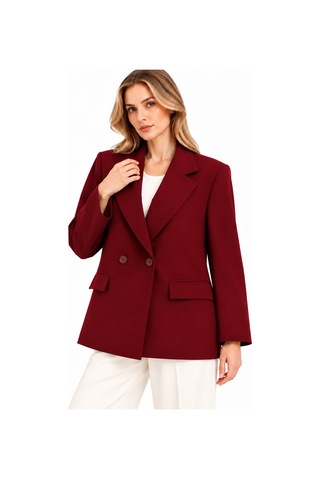 Lafela Kruvaze Düğmeli Kapak Cepli Geniş Yaka Blazer Ceket Bordo