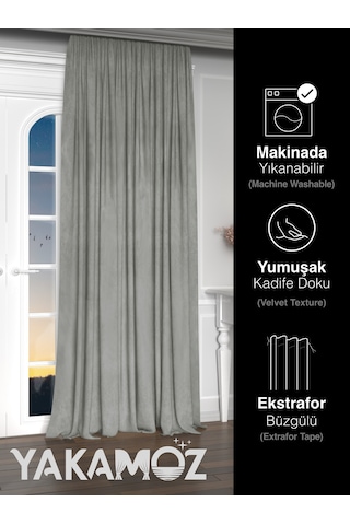 Yakamoz Kadife Görünüm Açık Gri Ada Fon Perde Ekstraforlu Velvet Touch Serisi Açık Gri