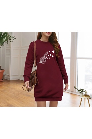 Kadın Uzun Kollu Bisiklet Yaka Desenli Viskon Iki Iplik Elbise Bordo