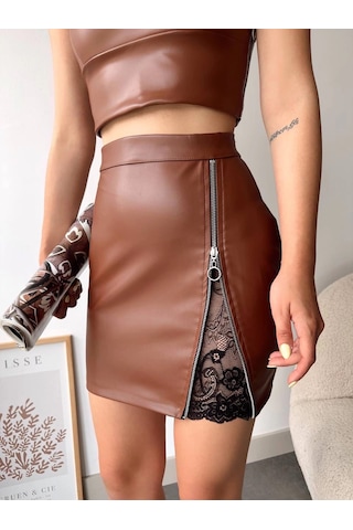 Dantelli Fermuarlı Deri Etek Kahve W24598 Kahve