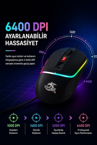 Dexim Dma027 M036p Kablolu Gökkuşağı Led Işıklı 6400 Dpı Gaming Mouse -