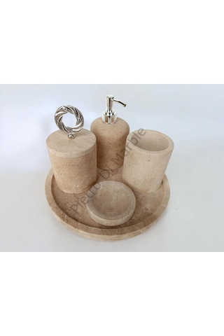 Sarı Traverten Klasik Model 5 Parça Gümüş Renk Halka Aksesuarlı Banyo Seti Sarı Traverten