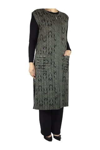 Önü Fermuarlı Desenli Cepli Kalın Kışlık Yelek Yeşil