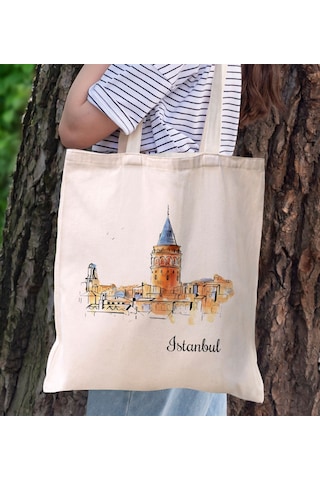 Bk Gift İstanbul Tasarımlı Kanvas Bez Çanta, Baskılı Omuz Çantası, Alışveriş Çantası, Plaj Çantası, Arkadaşa Hediye-4 Sarı