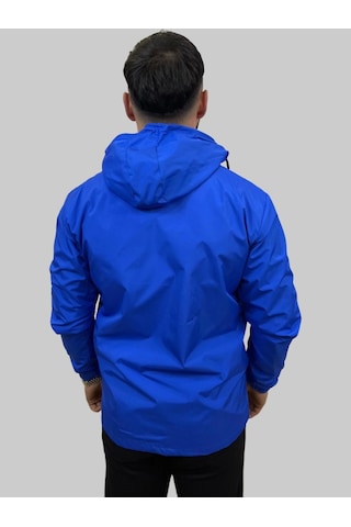 Erkek Kapüşonlu File Detaylı Saks Mavisi Yağmurluk Saks Mavisi Saks