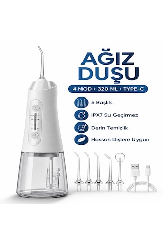 Şarjlı Ağız Duşu 320ml Su Hazneli 4 Modlu Ipx7 Su Geçirmez Type-c Ağız İçi Temizleme Cihazı 5 Başlıklı