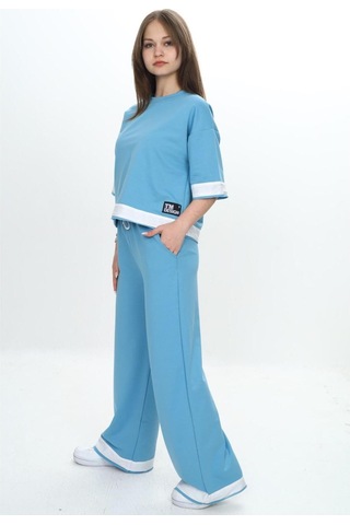 Kız Çocuk %100 Pamuk Kısa Kollu Garnili Truvakar Kol 2 İplik Alt&üst Eşofman Takımı-285-eşt-0011 Mavi