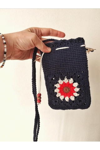 Kemzey Handmade Çiçekli Telefon Çantası, Motifli Tığ İşi Telefonluk, El Yapımı Telefon Kılıfları Kırmızı - Lacivert