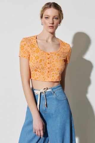 Regular Fit Normal Kesim Bisiklet Yaka Turuncu Crop Bluz Turuncu