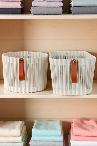 Flex 3lü Banyo Seti Deri Desenli Kulplu Lüx Banyo Mutfak Organizeri Çamaşır Sepeti Düzenleyici Krem Krem