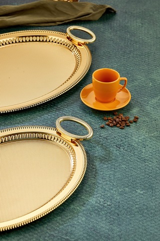 Cooker 2'li Özel Seri Oval Model Lüx Metal Çay Sunum, Nişan Tepsisi 37x28 Ve 44x33 Cm Altın