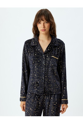 Koton Pijama Üstü Örme Düğmeli Gömlek Yaka Parıltılı Yıldız Baskılı Lacivert 5wlk40191mk Lacivert