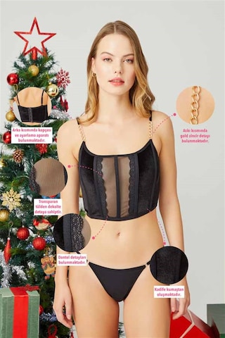 Cottonhill Cottonhıll Ayarlanabilir Lastikli Tül Detaylı Kadın Kadife Bralet Siyah