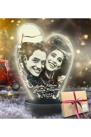 Yılbaşı Hediyesi Kişiye Özel Noel Baba Şapkalı Kalp 3d Led Gece L