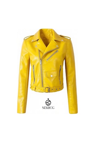 Kadınlar İçin Eğik Fermuarlı Günlük Kısa Deri Ceket Sarısarı