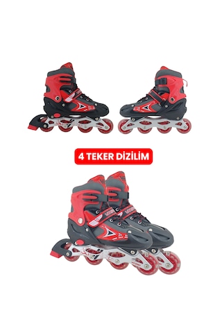 Vr1 - Metal 2+2 Işıklı 3in1 Ayarlanabilir Çocuk Pateni 2+1+1 / 2+2 Silikon Tekerli Uç Korumalı Kırmızı