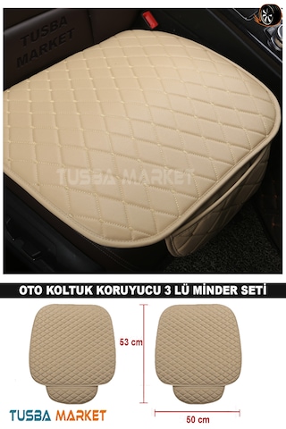 Araç Oto Koltuk Koruyucu Cepli Üçlü Minder Seti I Lüks Kapitone Deri Ön-arka Bej Oto Koltuk Minder