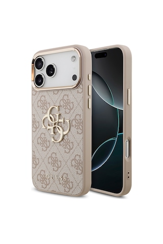 Apple Uyumlu iPhone 17 Pro Max Kılıf Lisanslı Gold Metal Kamera Çerçeveli Metal Büyük 4g Yazı Logolu Pembe Pembe
