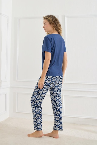 Kompedan Kadın Çiçek Desenli Bisiklet Yaka Pijama Takım Lacivert 30102-963 Lacivert