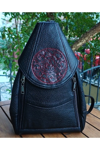 Durush Collection Hakiki Deri, Tasarım El İşlemesi Siyah Sırt Çantası Siyah-bordo