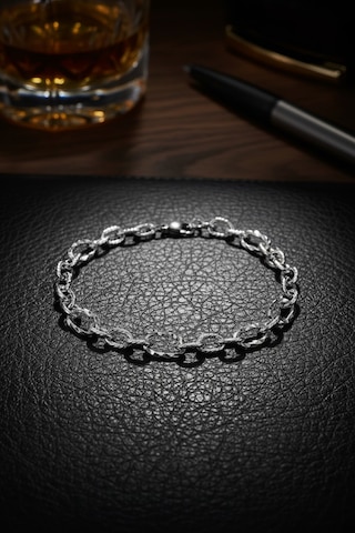 Premium Dokulu Oval Zincir Erkek Bileklik - Gümüş Renk, Klasik Tasarım 19 Cm