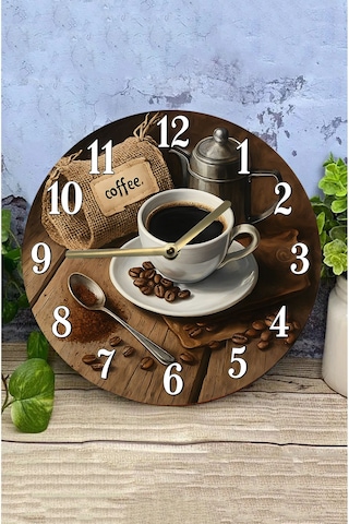 Zamanın Klasik Lezzeti Kahve Temalı Sessiz Yuvarlak Ahşap Duvar Saati, Kuvars Coffe 2d Sdw2012 Renkli
