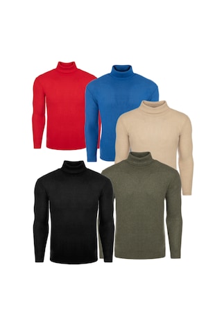 Ribac Boğazlı Balıkçı Triko Erkek Kazak 5'li Paket - Siyah-Beyaz-Bordo-Haki-İndigo Çok Renkli