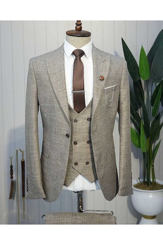 Bys Beystil Sivri Yaka Kahve Yelekli Kırçıllı Takım Elbise Storm- Slim Fit