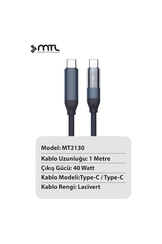 40w Pd Type-c To Type-c Örgülü Hızlı Şarj Ve Data Kablosu 1 Metre Mt2130