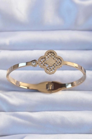 316l Çelik Altın Renk Zirkon Taşlı Simli Yonca Kelepçe