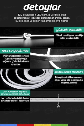 24v Dış Mekan M/60 2835 Beyaz Led Şerit 5 Metre, Kesilebilir Ve Eklenebilir