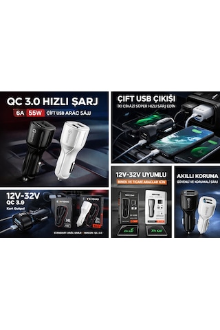 Nixcon 6a Qc 3.0 Çift Usb Araç Şarj Cihazı 35w Hızlı Şarj Siyah/beyaz - Renk: Siyah