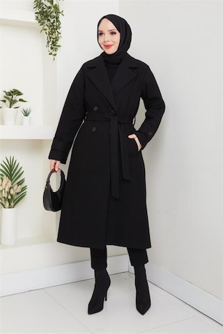 Neşeli Butik Kadın Düğme Detaylı Astarlı Midi Boy Kuşaklı Kaşe Kaban Nbft004 Siyah