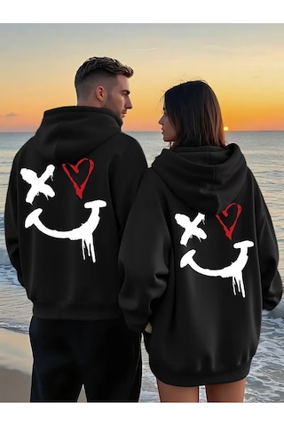 Nevermind Sevgili Çift Kombin Hoodie Yüz Kalp Baskılı Oversize Kapüşonlu Sw Siyah