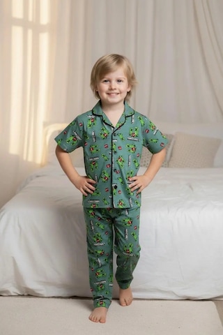 Lillypicca Erkek Çocuk Desenli Önden Düğmeli Kısa Kol Pijama Takımı 8028 Yeşil