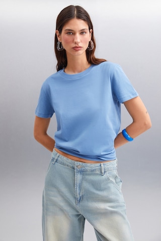 Grımelange Samantha Kadın %100 Organik Pamuklu Comfort Fit Arkası Uzun Basic Örme Indigo T-shirt Indigo