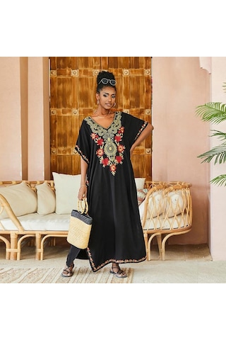 Edolynsa Siyah Vintage İşlemeli Uzun Kaftan Siyah