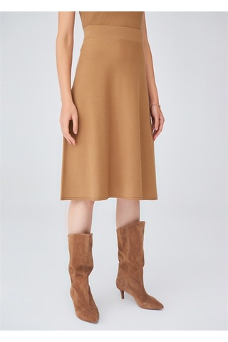Peraluna Kloş Kesim Kaşmir Karışım Diz Altı Triko Etek Camel Camel