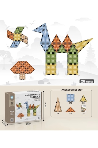 Karton Kutulu Doğal Renkler Magnetic Yapı Blokları 3d Puzzle 28 Parça 6.5 Cm