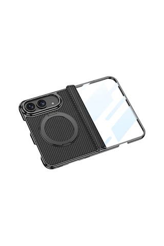 Apple Uyumlu iPhone Duo Kılıf M-safe Şarj Özellikli 360 Derece Dönebilen Standlı Zore Kıpta Kpt-17 Deri Tas Siyah Karbon