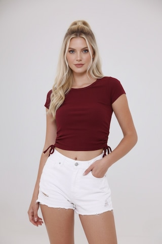 Zedefx Kadın Yanları Büzgülü İp Detaylı Tişört Bordo