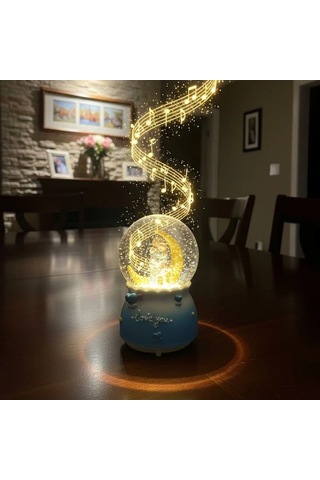 Pilli Işıklı Müzikli Kar Küresi-hilal Ay Figürlü Romantik Masaüstü Biblo, Led Aydınlatmalı Dekoratif Hediyelik Kar Küresi Bx40