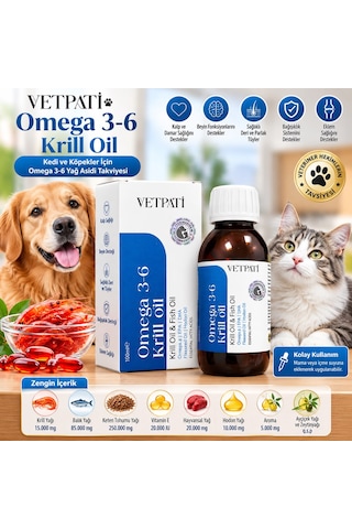 Vetpati Omega 3-6 Krill Oil Kedi Ve Köpekler İçin Sıvı Yağ Takviyesi 100 ML
