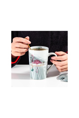 Tenfowee Ev Kullanıma Uygun Nikah/yıl Dönümü Hediyesi 2'li Seri: Siyah Ve Pembe Harf Desenli Seramik Bardak, Kapak Ve Kaşık İçeren Sürekli Kullanılabilir Set Gri