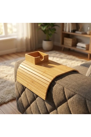 Deconox Bambu Koltuk Kenarı Tepsisi Ve Organizer - Katlanabilir Bölmeli Ahşap Kanepe Yanı Sehpa, Bardaklık Ve Kumandalık 41 X 33.5 X 4.5 Cm Abanoz - Beyaz