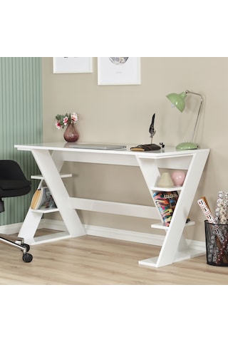 Pasific Home Lungo Raflı Çalışma Masası, Ofis Masası, 60X140 Cm, Parlak Beyaz
