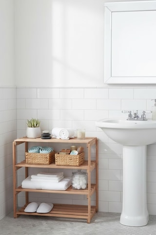 Reyo Bysay 4 Raflı Banyo Düzenleyici Raf Ahşap Mutfak Banyo Dolabı Çok Amaçlı Düzenleyici Raf Ahşap