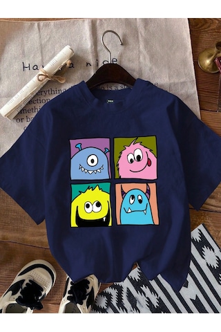 Unisex Canavarlar Baskılı Tasarım Tshirt Lacivert