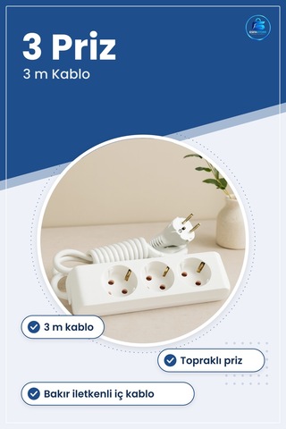 Uzatma Kablosu 3 Prizli M Uzatıcı Çoklayıcı Topraklı Priz Beyaz E
