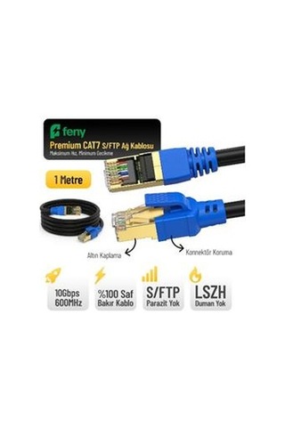 Feny Fn-cat7ls01 10gbps İnternet 600mhz 1 Metre Cat7 Gold Patch Kablo Yanmaz- Yüzde 100 Saf Bakır